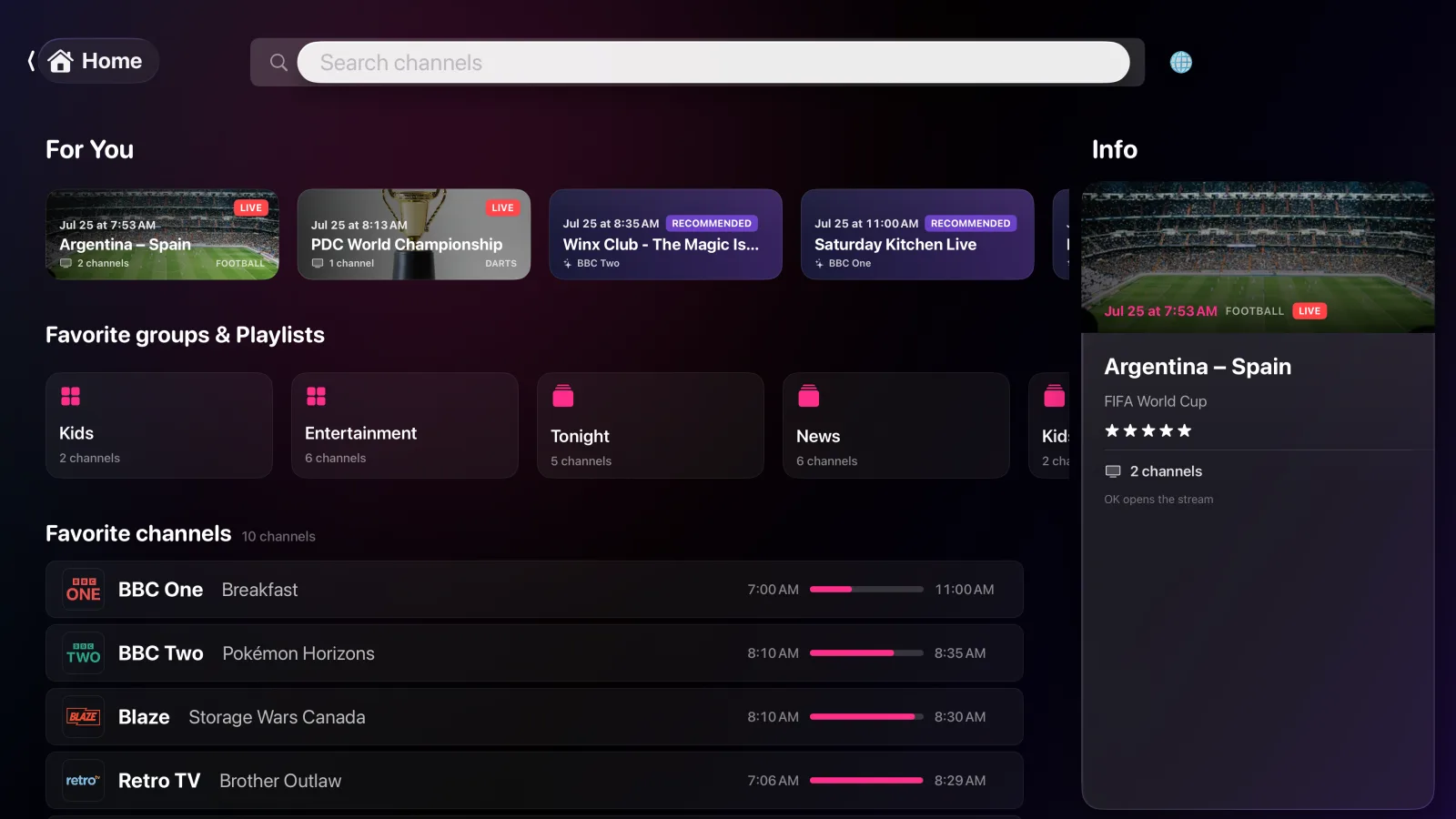 Der Start-Tab von IPTV Pano auf dem Apple TV: eine Für-dich-Reihe, Favoritengruppen und Playlists sowie Lieblingssender mit laufender Sendung